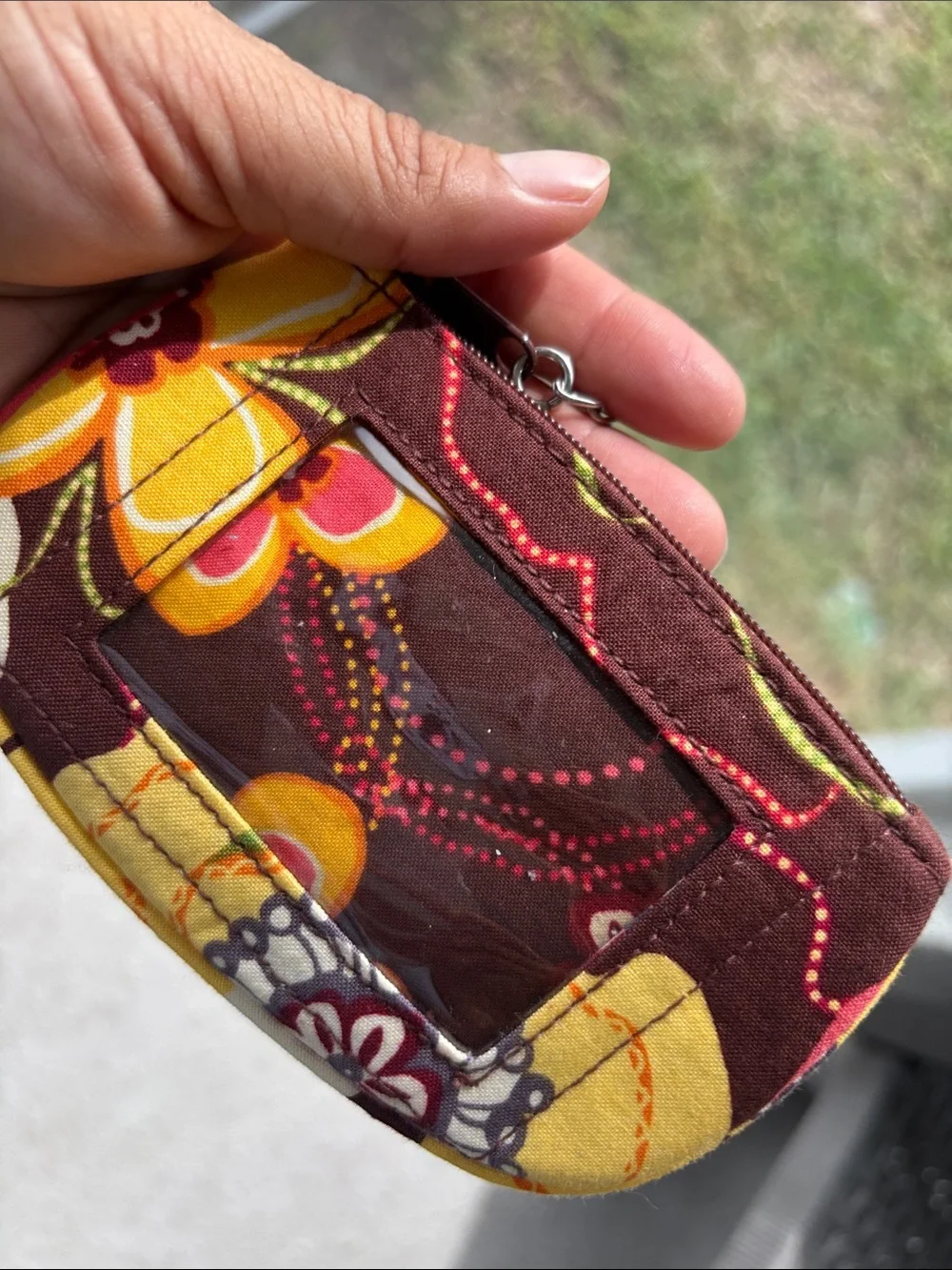 Vera Bradley Brown Floral Quilted Wristlet Keychain with Yellow Orange Accents - Picture 3 of 9